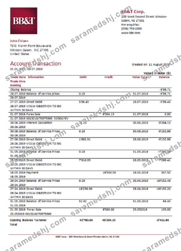 USA BB&T Corp. bank statement easy to fill template in .xls and .pdf file format